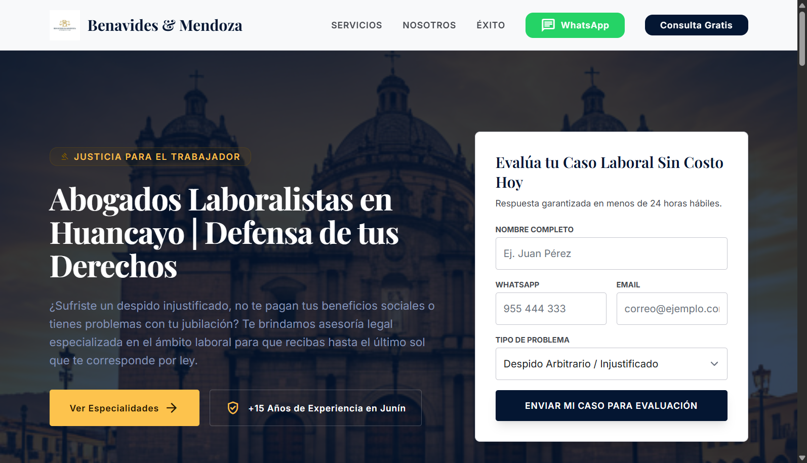 Diseño web corporativo para Benavides & Mendoza, una prestigiosa firma de abogados laboralistas enfocada en la defensa de los derechos del trabajador.
